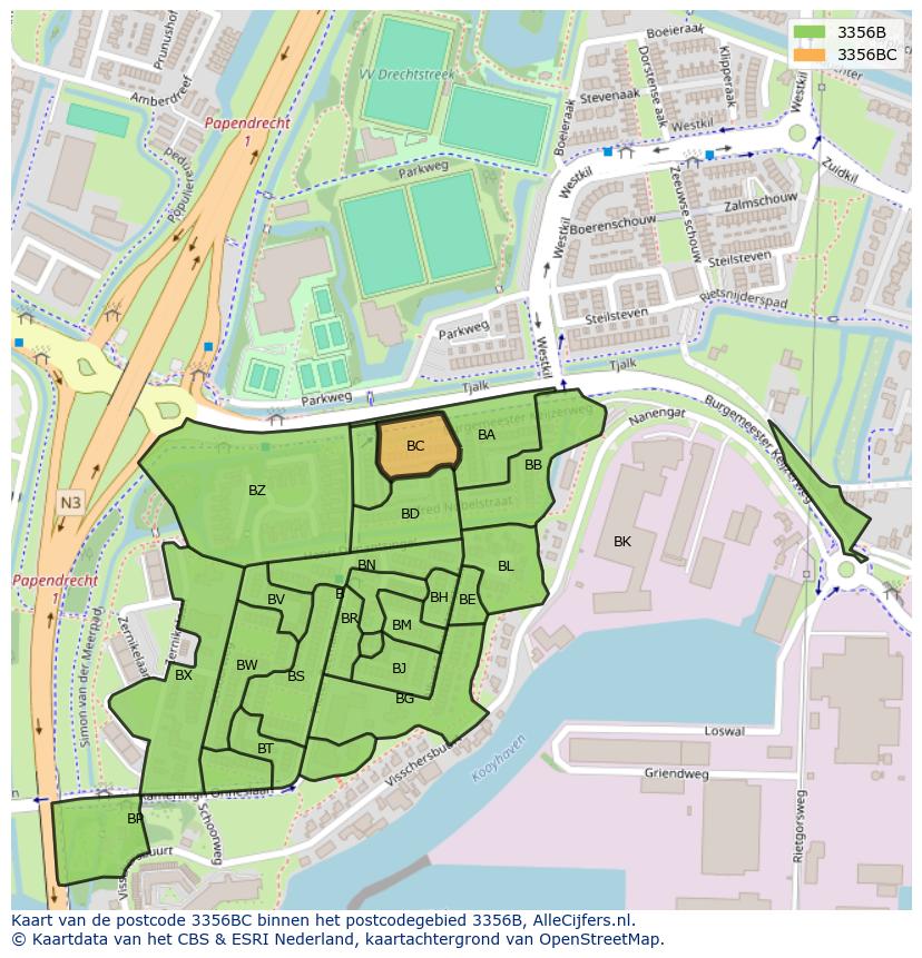 Afbeelding van het postcodegebied 3356 BC op de kaart.