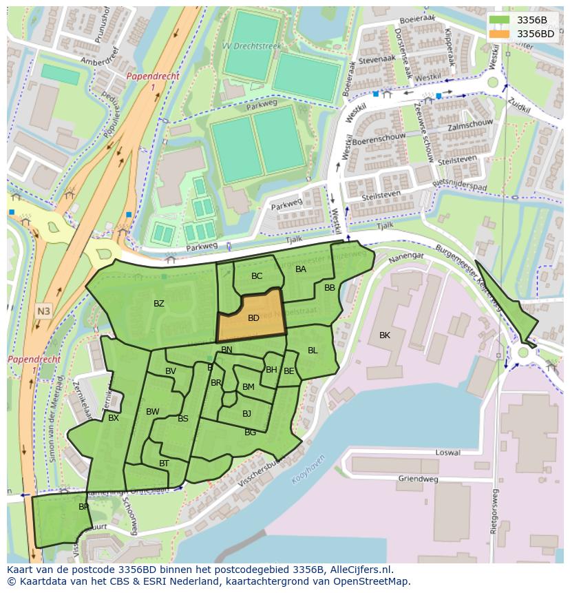 Afbeelding van het postcodegebied 3356 BD op de kaart.