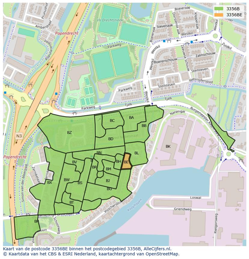 Afbeelding van het postcodegebied 3356 BE op de kaart.