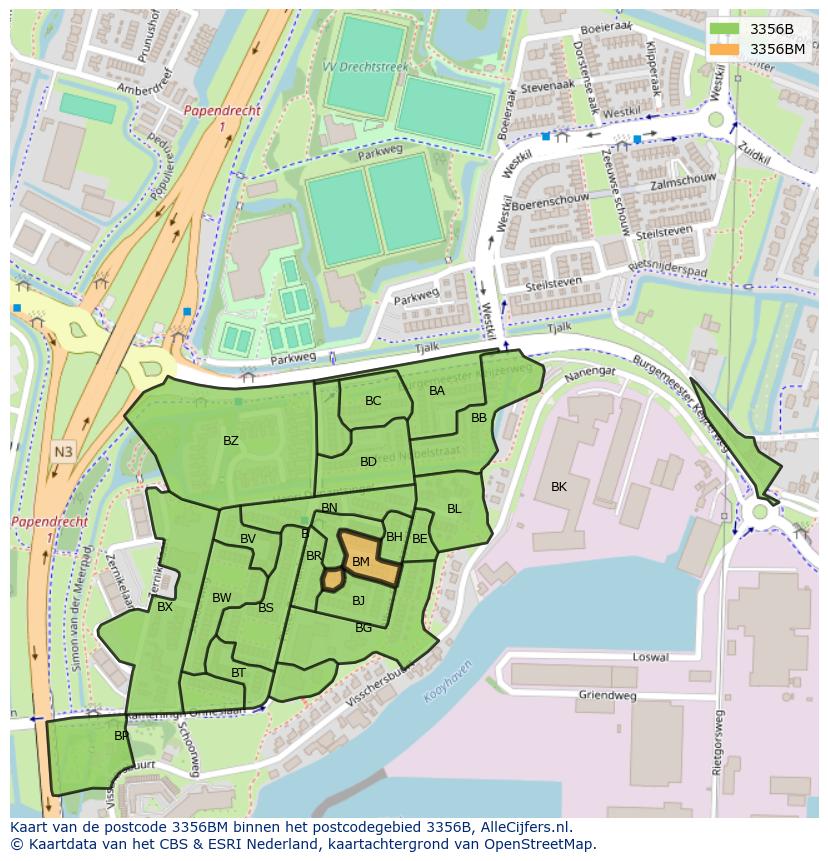 Afbeelding van het postcodegebied 3356 BM op de kaart.