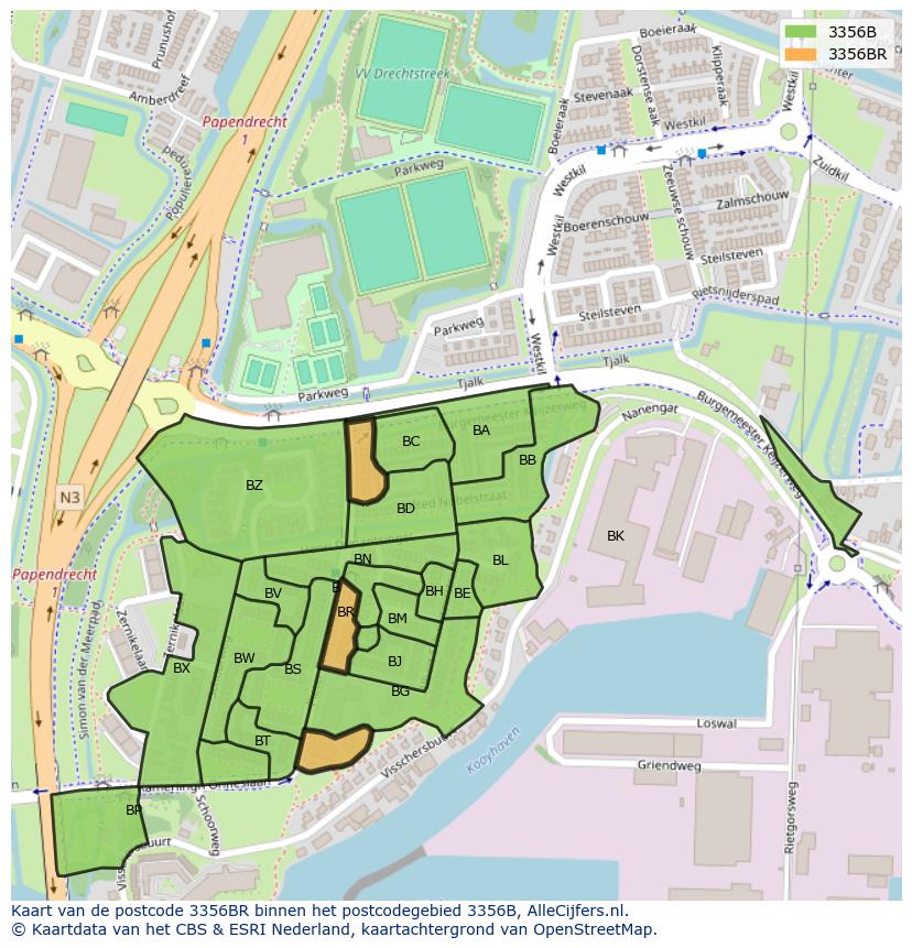 Afbeelding van het postcodegebied 3356 BR op de kaart.