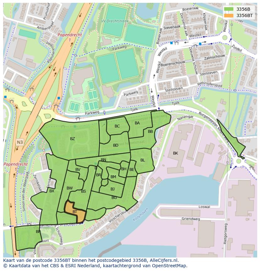 Afbeelding van het postcodegebied 3356 BT op de kaart.