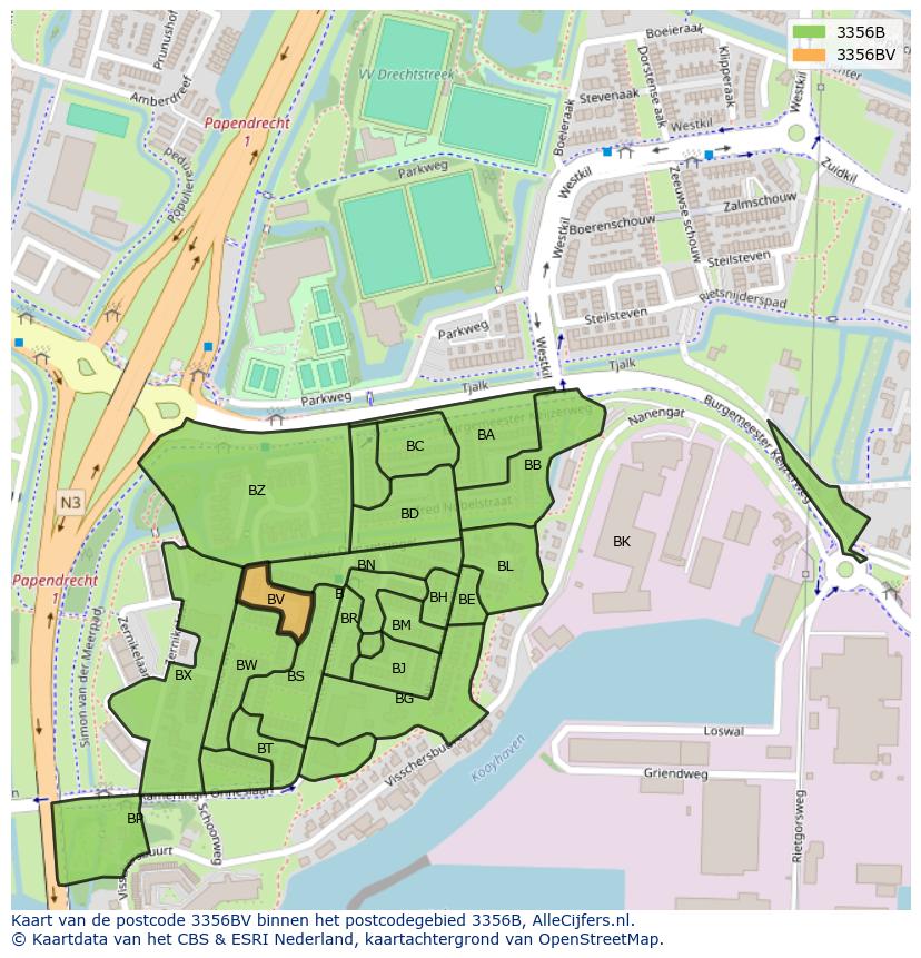 Afbeelding van het postcodegebied 3356 BV op de kaart.