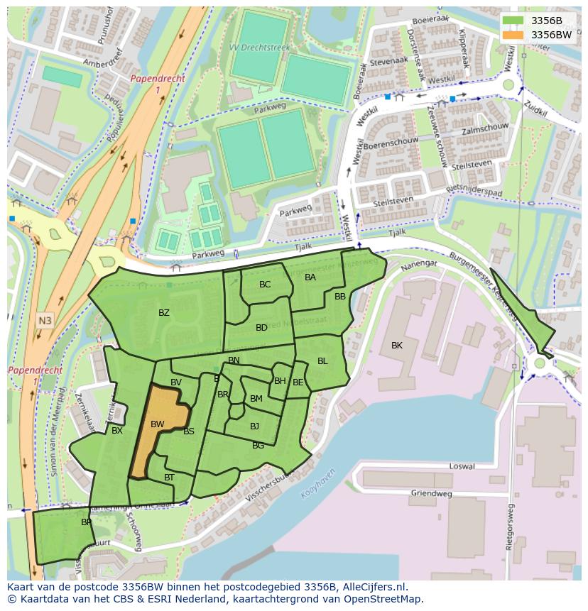 Afbeelding van het postcodegebied 3356 BW op de kaart.