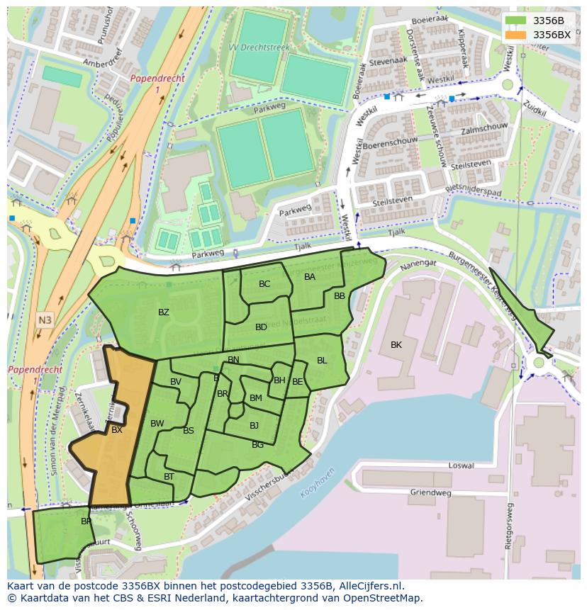 Afbeelding van het postcodegebied 3356 BX op de kaart.
