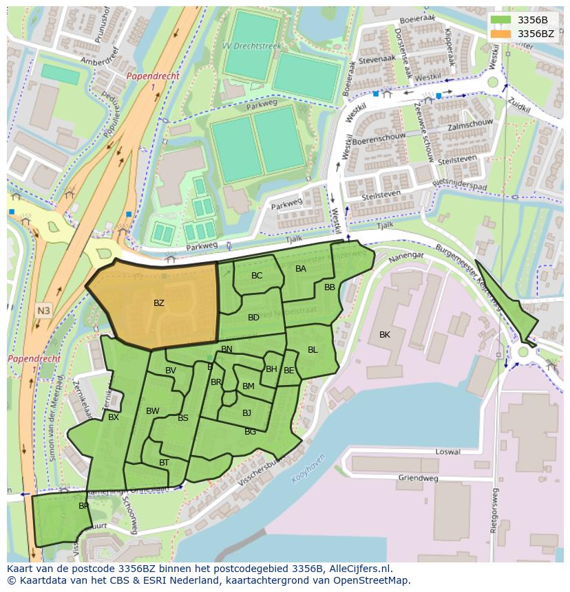 Afbeelding van het postcodegebied 3356 BZ op de kaart.