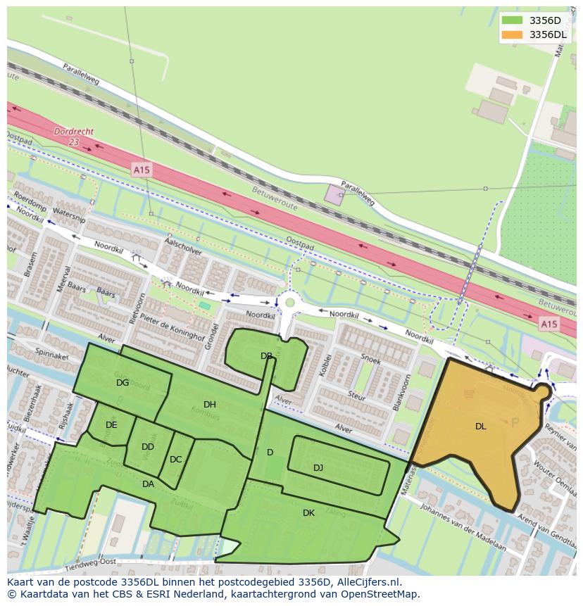 Afbeelding van het postcodegebied 3356 DL op de kaart.
