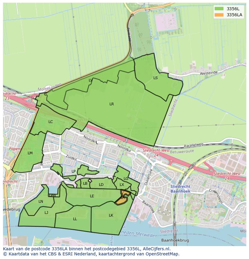 Afbeelding van het postcodegebied 3356 LA op de kaart.