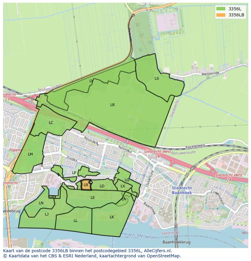 Afbeelding van het postcodegebied 3356 LB op de kaart.