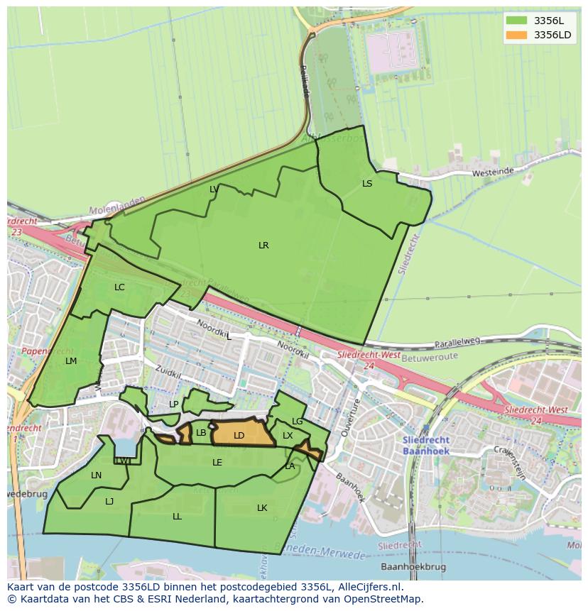Afbeelding van het postcodegebied 3356 LD op de kaart.