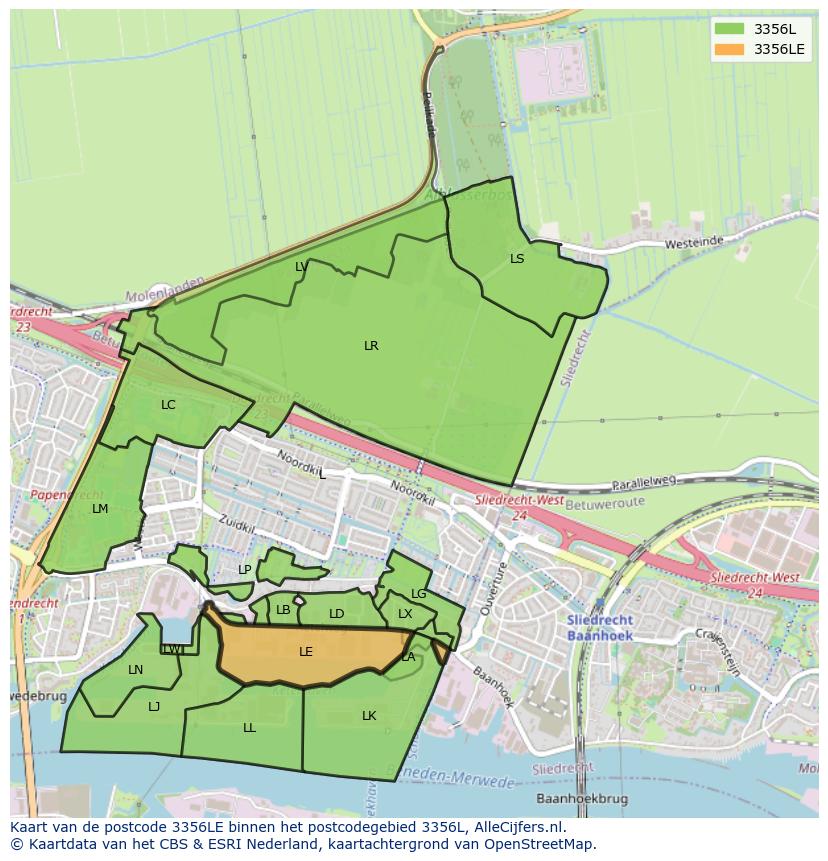 Afbeelding van het postcodegebied 3356 LE op de kaart.