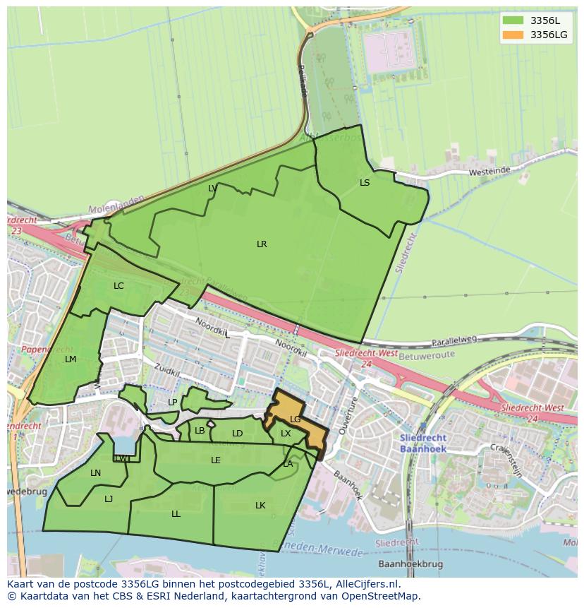Afbeelding van het postcodegebied 3356 LG op de kaart.