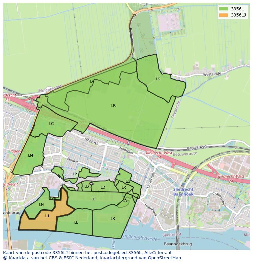 Afbeelding van het postcodegebied 3356 LJ op de kaart.