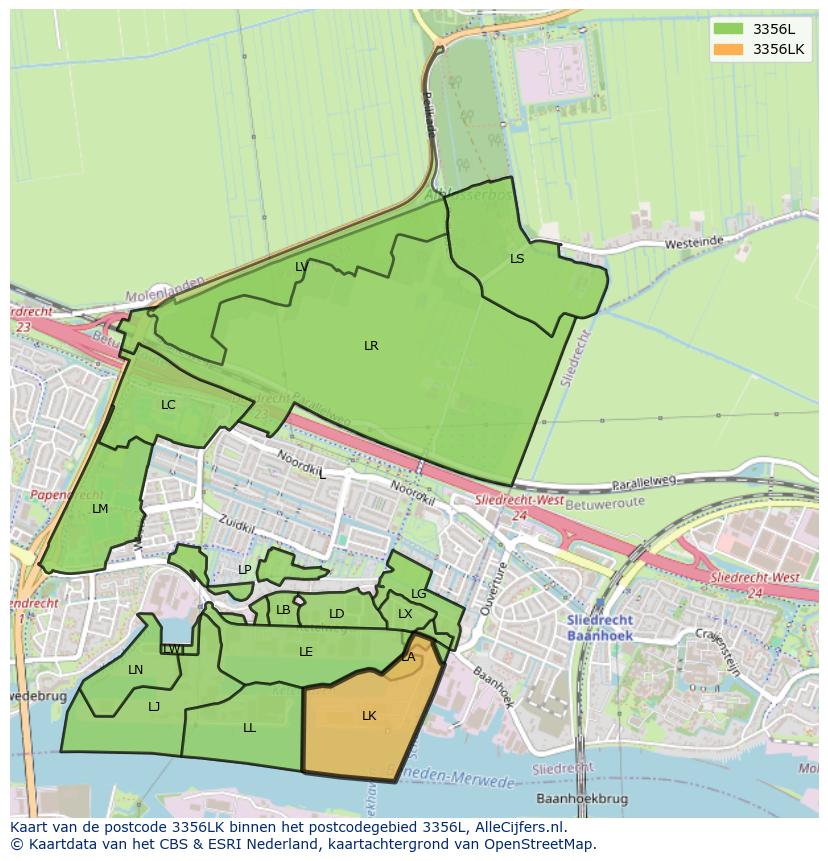 Afbeelding van het postcodegebied 3356 LK op de kaart.