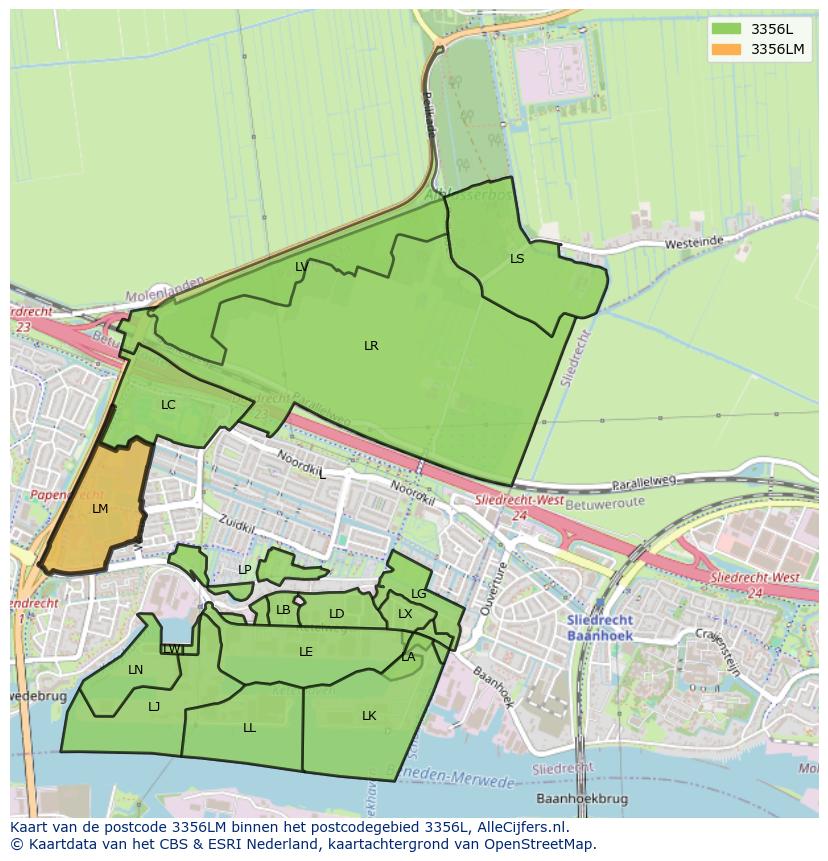 Afbeelding van het postcodegebied 3356 LM op de kaart.