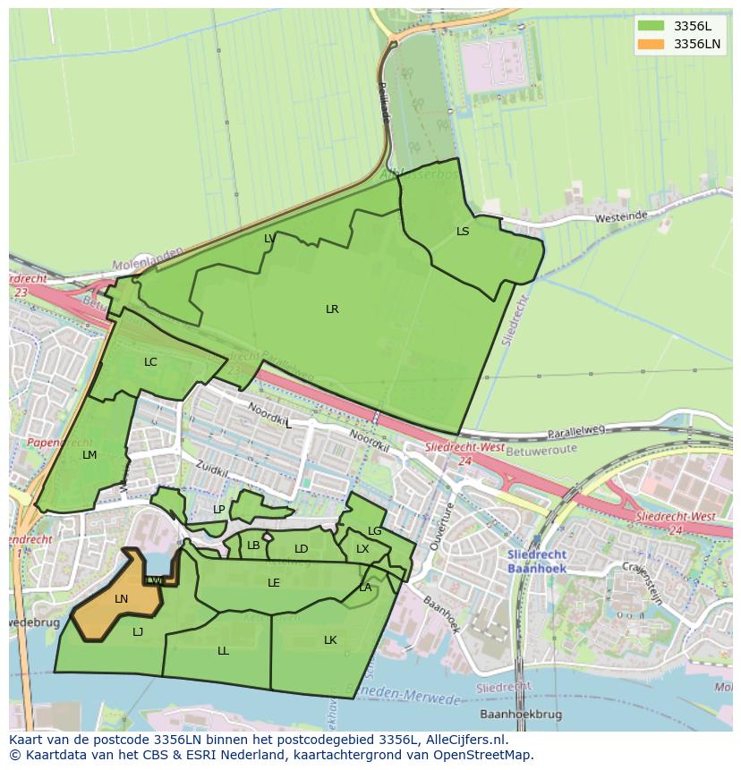 Afbeelding van het postcodegebied 3356 LN op de kaart.
