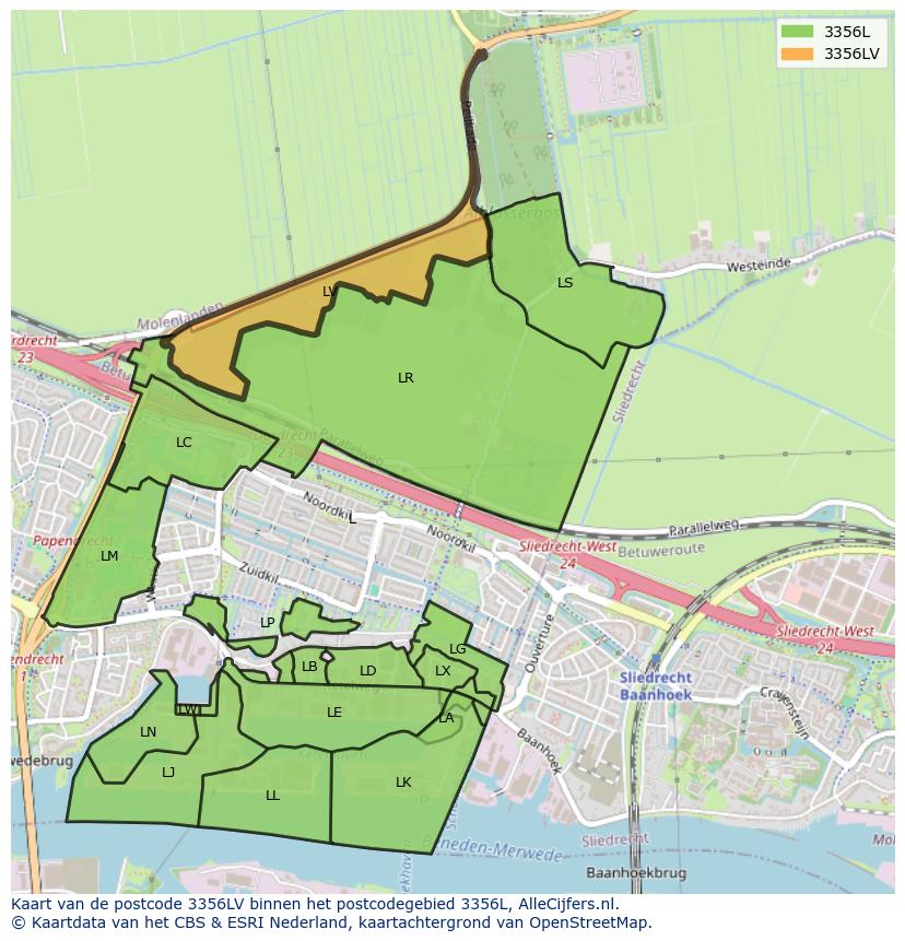 Afbeelding van het postcodegebied 3356 LV op de kaart.