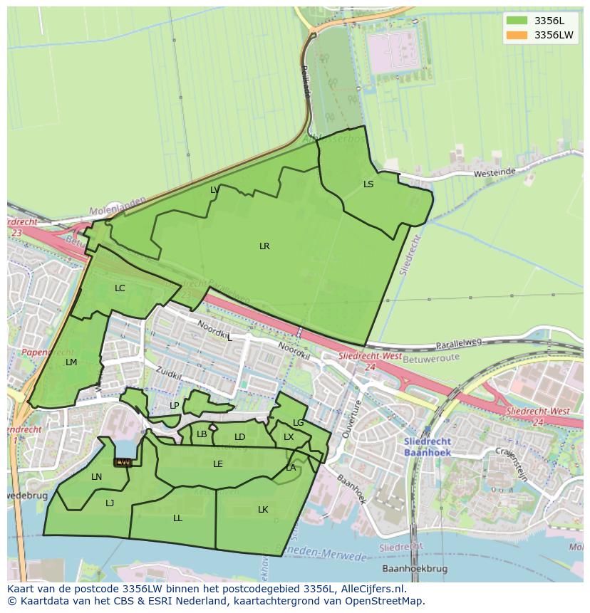 Afbeelding van het postcodegebied 3356 LW op de kaart.