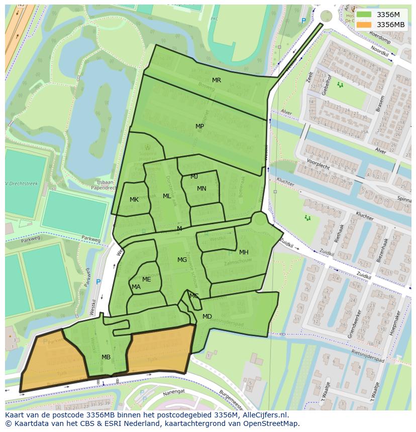 Afbeelding van het postcodegebied 3356 MB op de kaart.