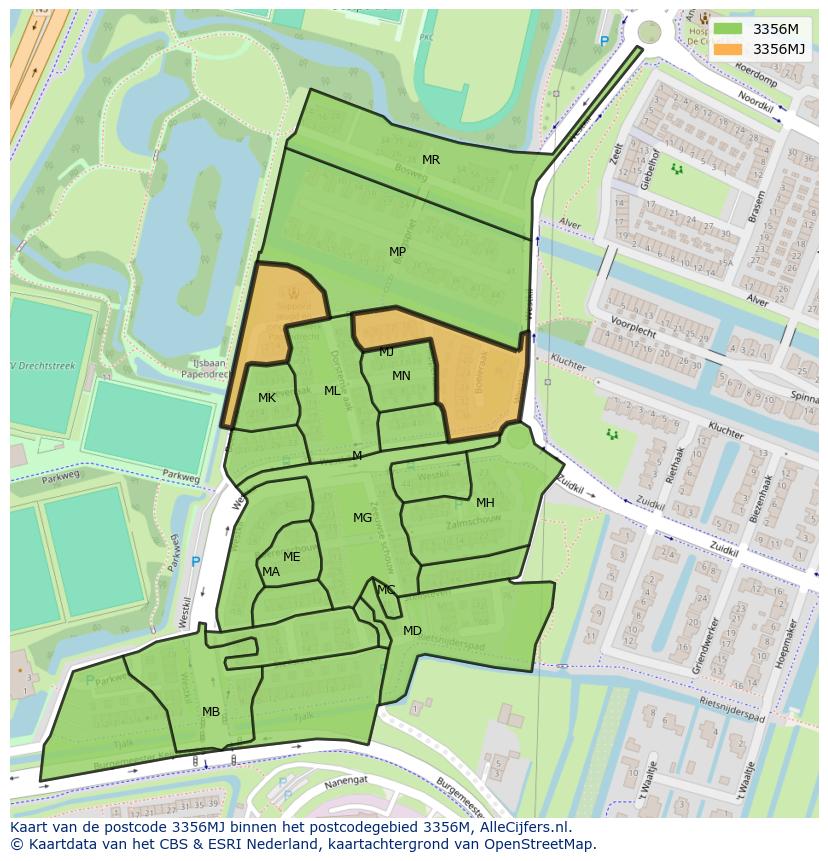 Afbeelding van het postcodegebied 3356 MJ op de kaart.