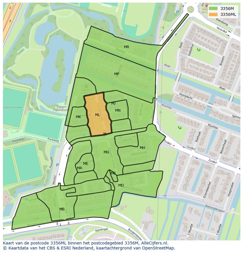 Afbeelding van het postcodegebied 3356 ML op de kaart.
