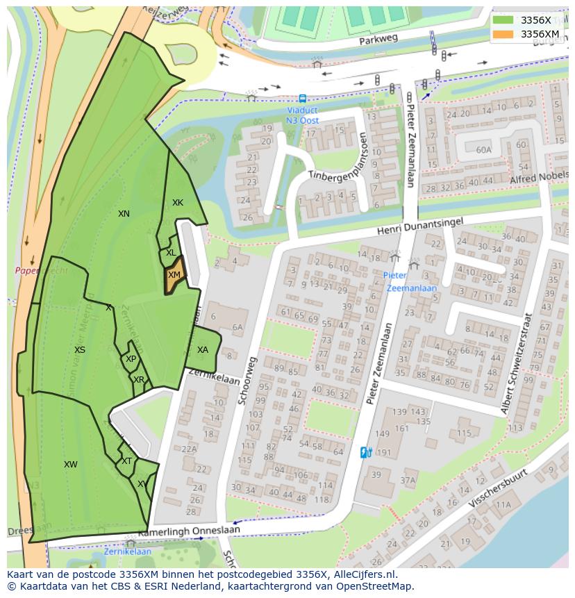 Afbeelding van het postcodegebied 3356 XM op de kaart.