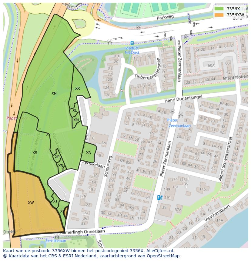 Afbeelding van het postcodegebied 3356 XW op de kaart.