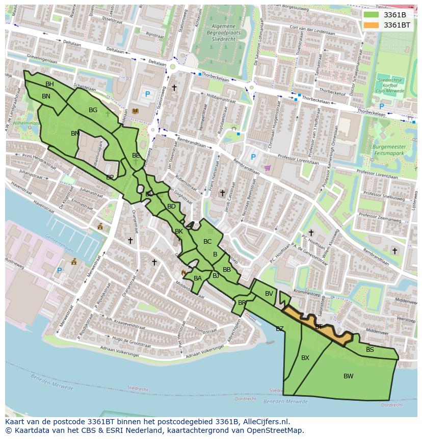 Afbeelding van het postcodegebied 3361 BT op de kaart.