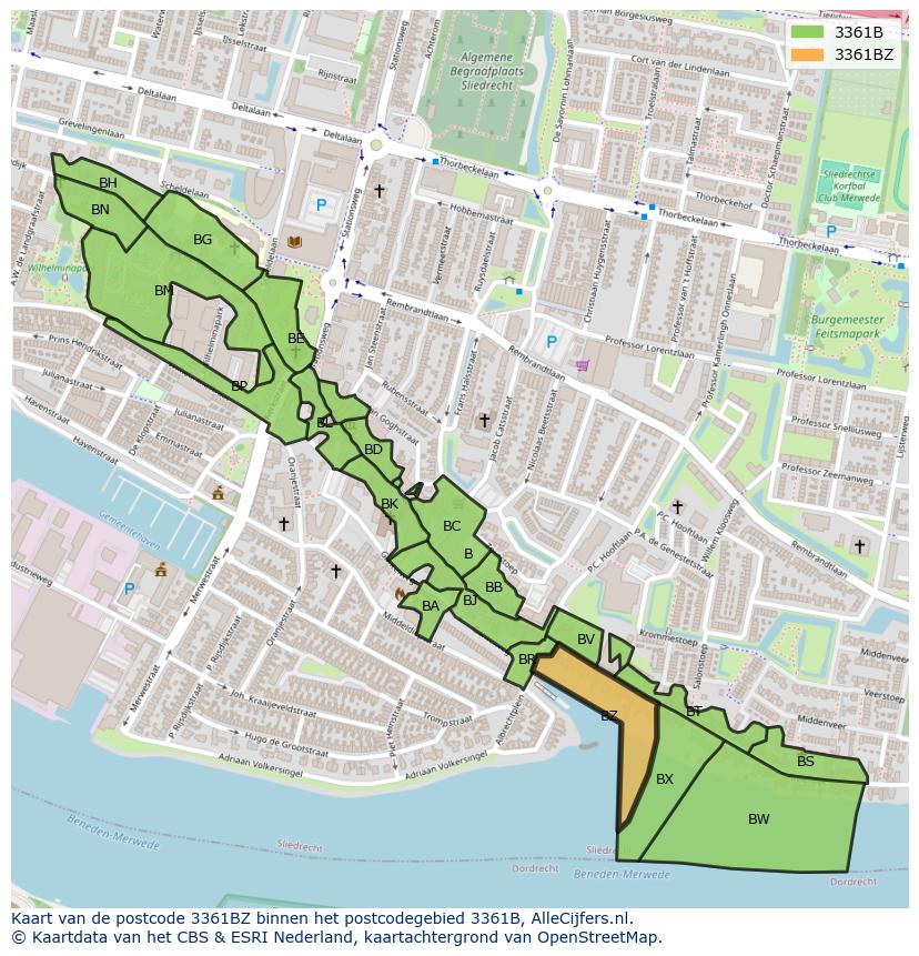 Afbeelding van het postcodegebied 3361 BZ op de kaart.