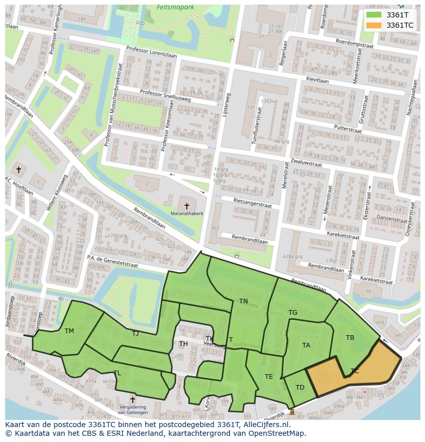 Afbeelding van het postcodegebied 3361 TC op de kaart.