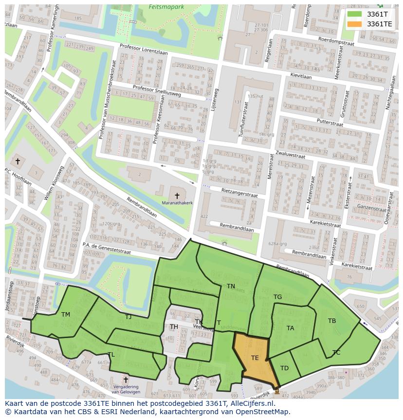 Afbeelding van het postcodegebied 3361 TE op de kaart.