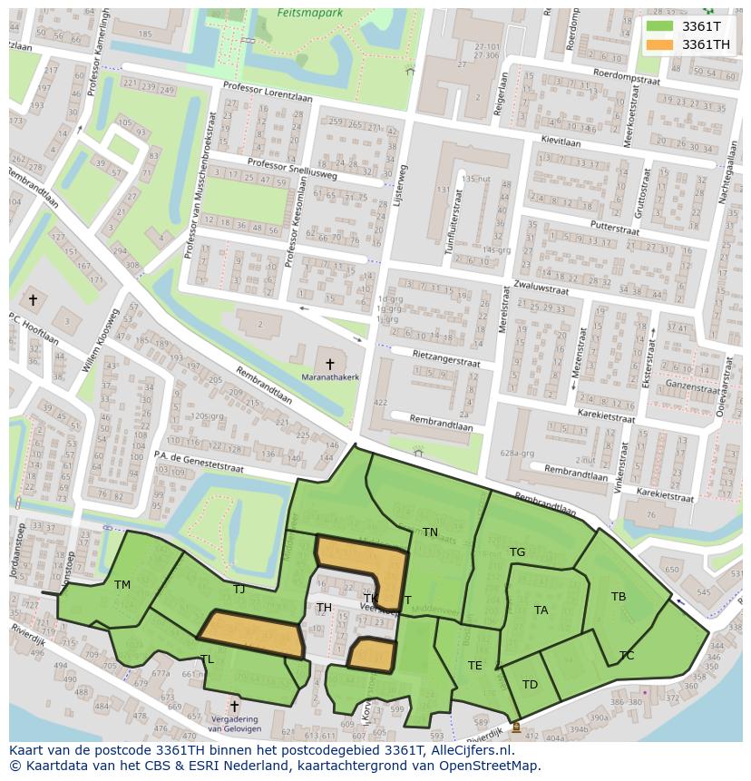 Afbeelding van het postcodegebied 3361 TH op de kaart.