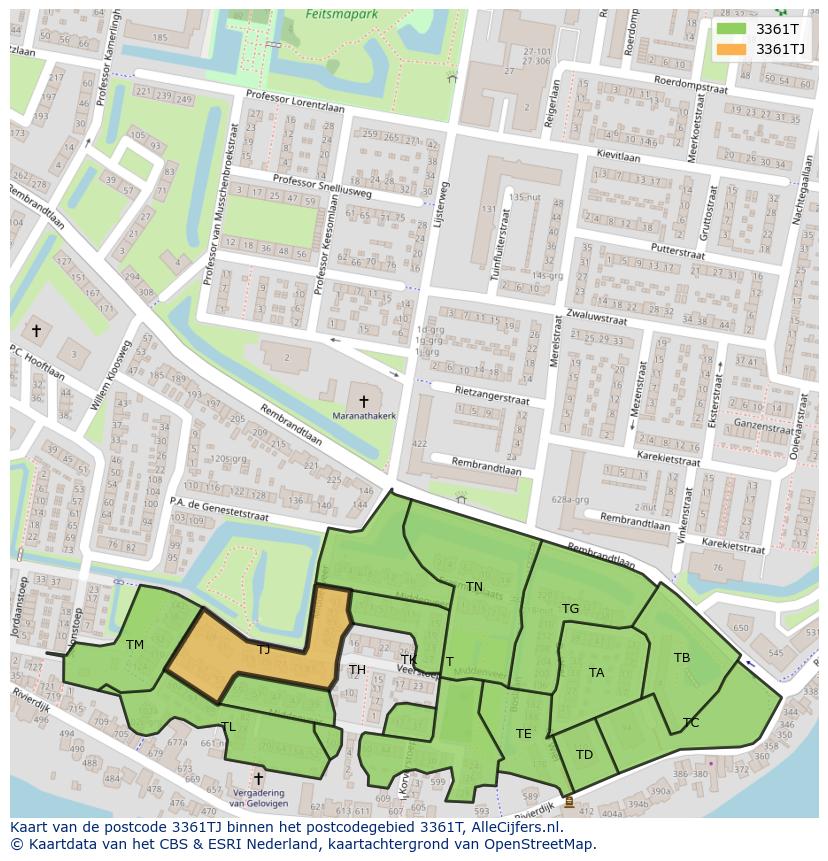 Afbeelding van het postcodegebied 3361 TJ op de kaart.