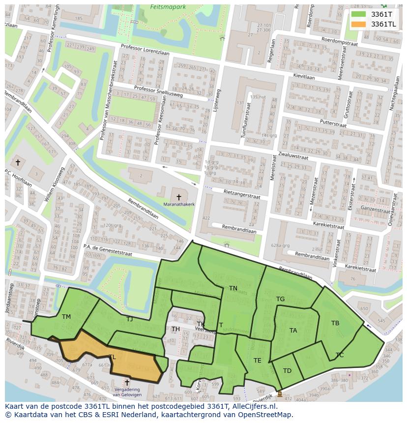 Afbeelding van het postcodegebied 3361 TL op de kaart.