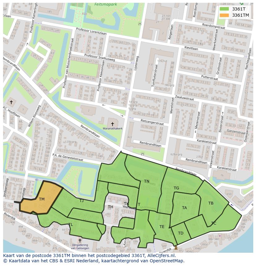 Afbeelding van het postcodegebied 3361 TM op de kaart.