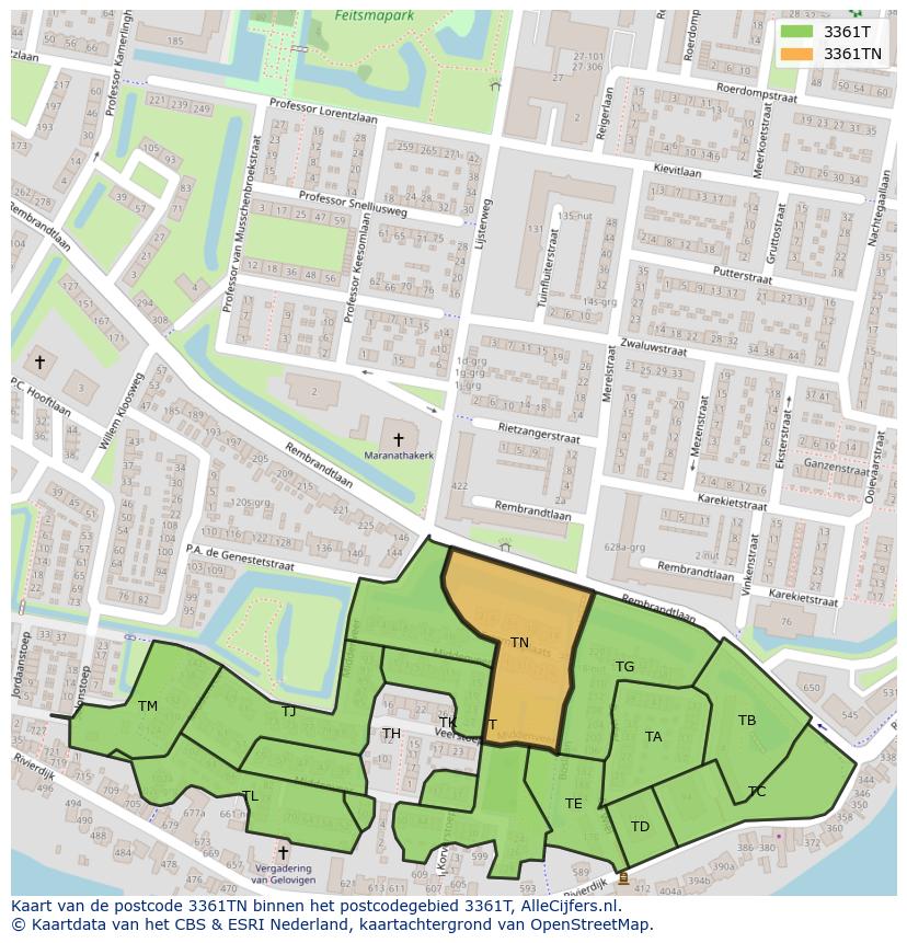 Afbeelding van het postcodegebied 3361 TN op de kaart.