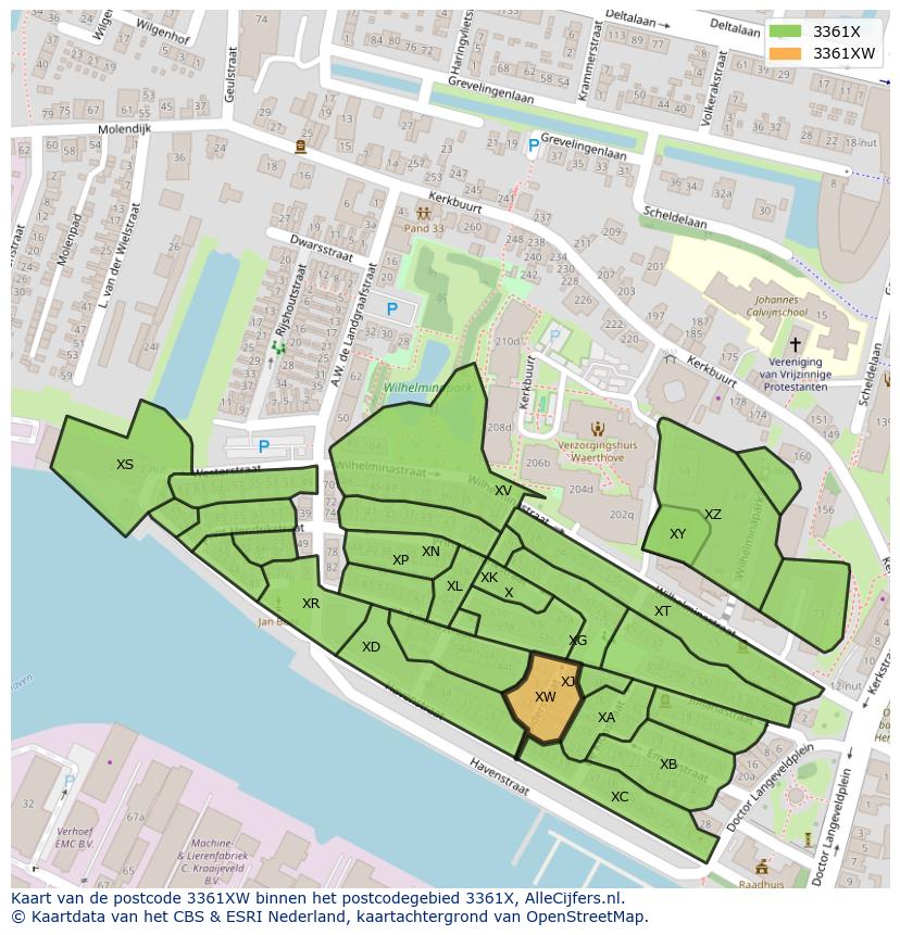 Afbeelding van het postcodegebied 3361 XW op de kaart.
