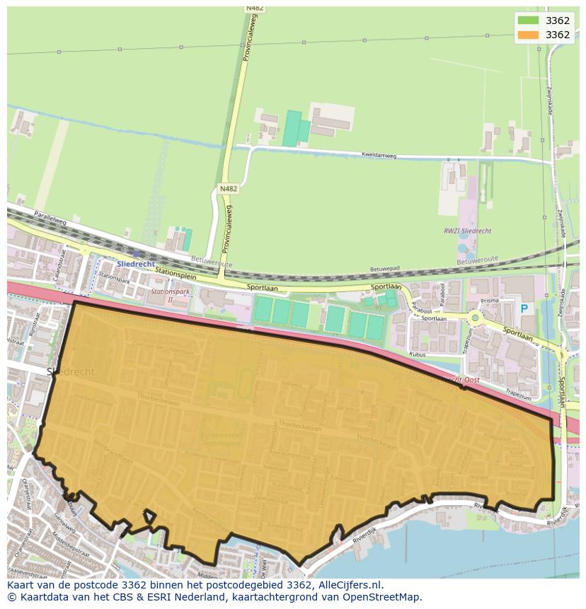 Afbeelding van het postcodegebied 3362 op de kaart.