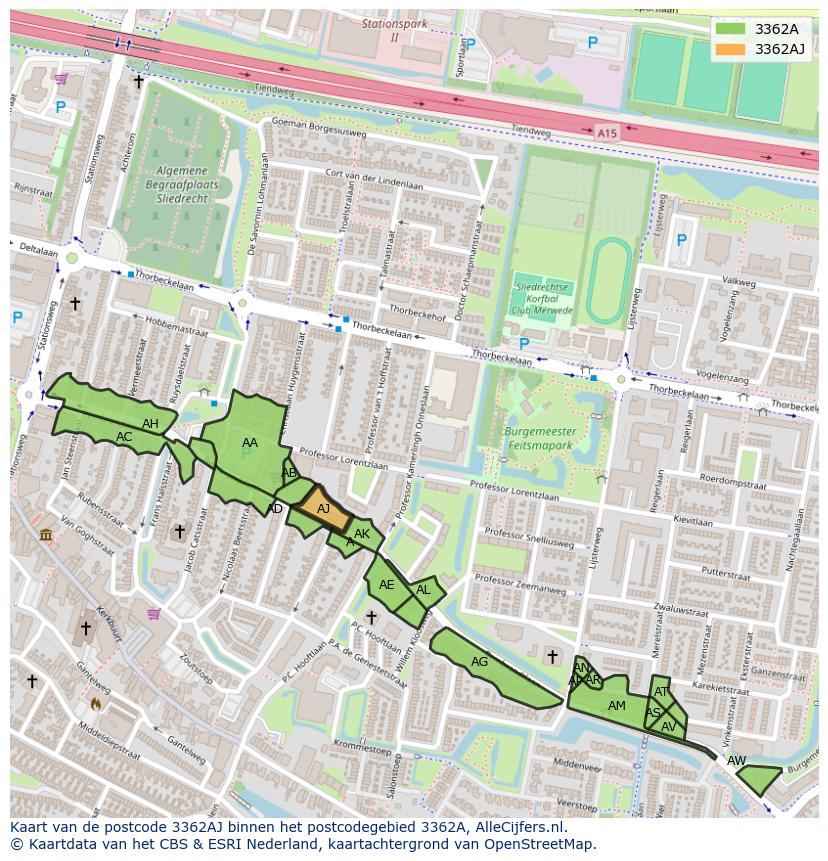 Afbeelding van het postcodegebied 3362 AJ op de kaart.