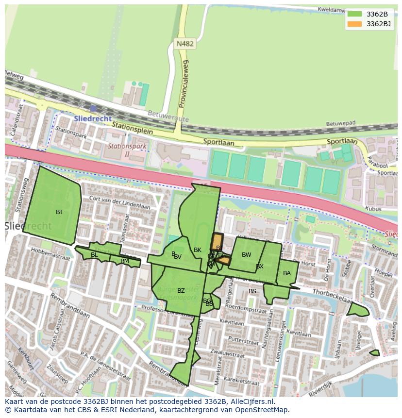 Afbeelding van het postcodegebied 3362 BJ op de kaart.