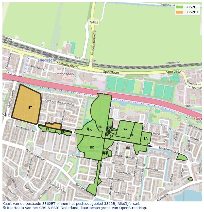 Afbeelding van het postcodegebied 3362 BT op de kaart.