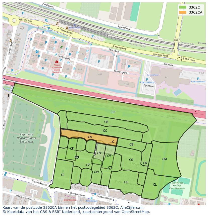 Afbeelding van het postcodegebied 3362 CA op de kaart.