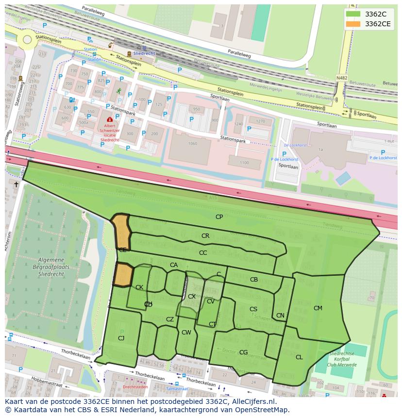 Afbeelding van het postcodegebied 3362 CE op de kaart.