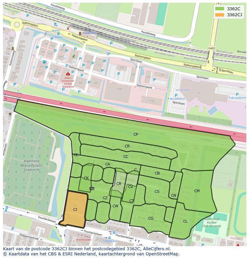 Afbeelding van het postcodegebied 3362 CJ op de kaart.
