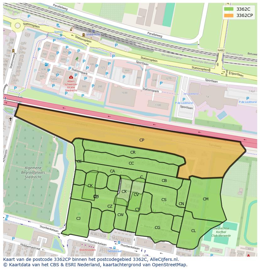Afbeelding van het postcodegebied 3362 CP op de kaart.