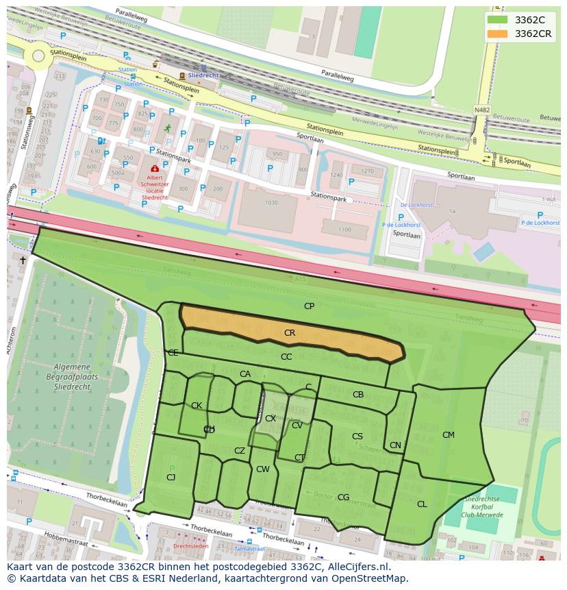 Afbeelding van het postcodegebied 3362 CR op de kaart.