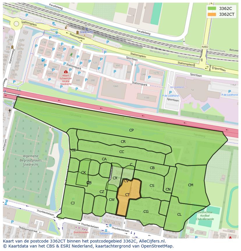Afbeelding van het postcodegebied 3362 CT op de kaart.