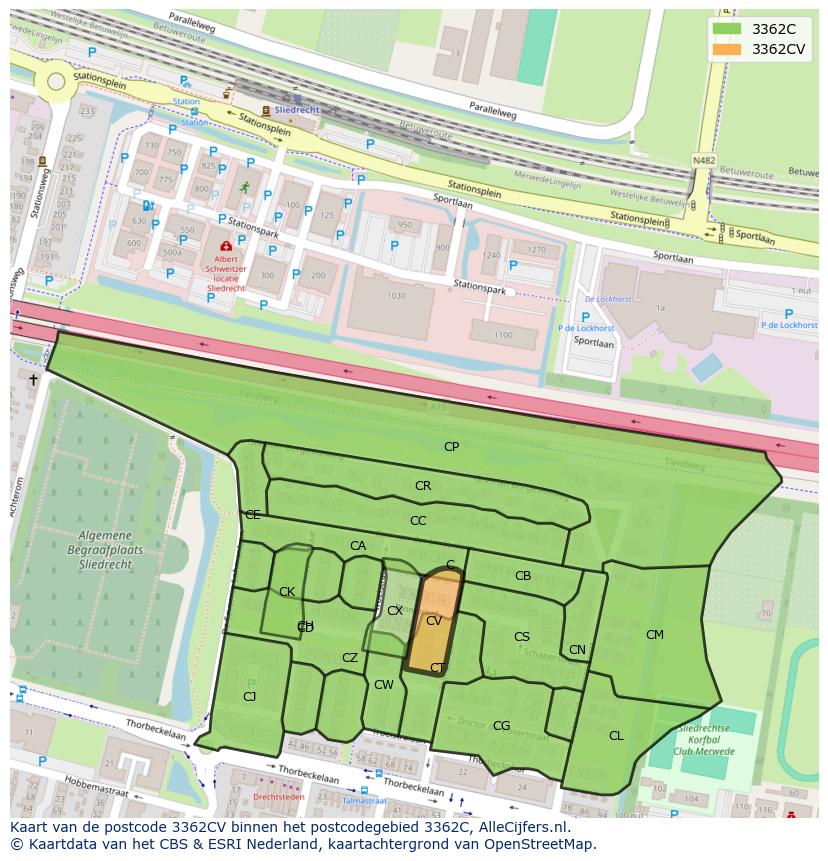 Afbeelding van het postcodegebied 3362 CV op de kaart.