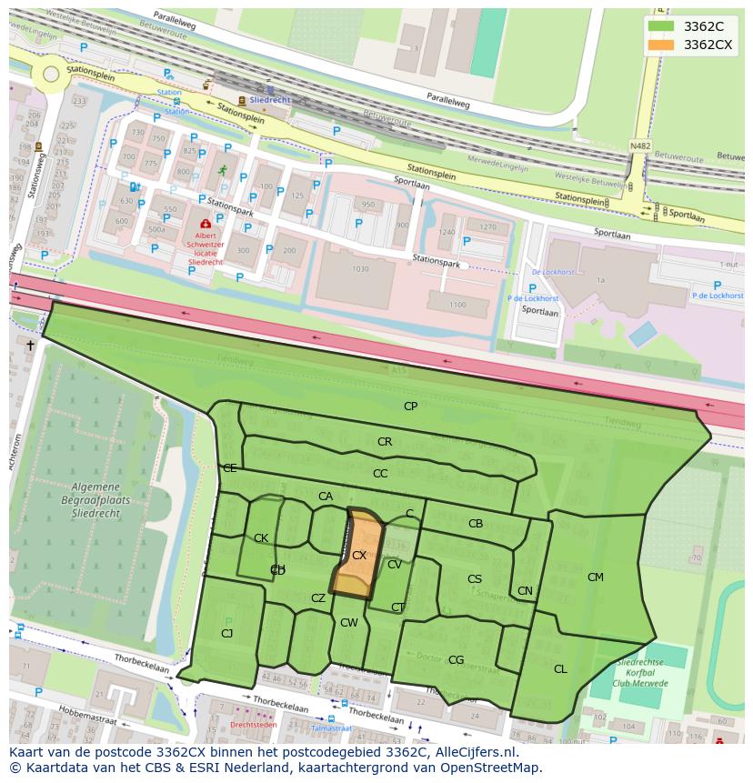 Afbeelding van het postcodegebied 3362 CX op de kaart.