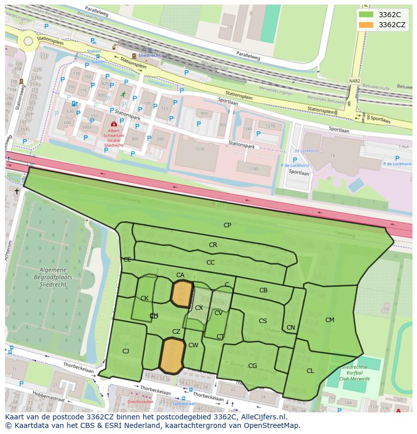 Afbeelding van het postcodegebied 3362 CZ op de kaart.